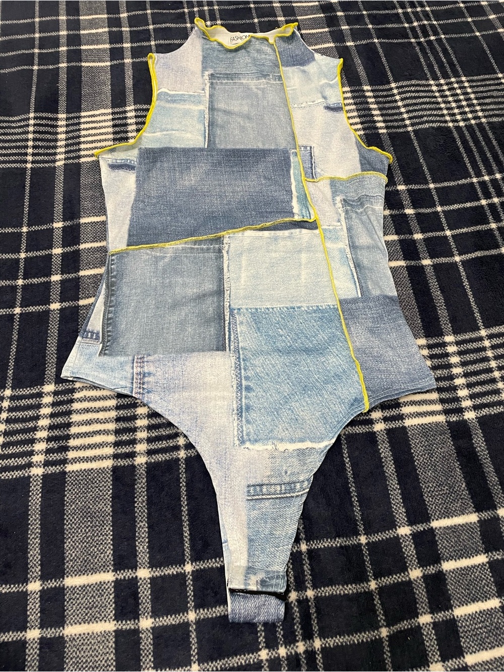 Fashion Nova Patchwork Denim-Print One-Piece with Yellow Trim